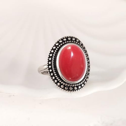 Natural Oval Stone Boho Ring,Retro Antique S925 Sterling Silver Crystal Quartz Gemstone Bohemian Statement Handmade Ring Jewelry for Women Her - color: B03_Red Quartz Jasper