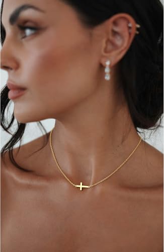 Cross Necklace for Women Dainty Small Cross Pendant Choker 14K Gold Plated Simple Trendy Cute Cross Charm Chain Necklace Easter Baptism Religious Faith Jewelry Gift - color: Sideways Cross-GD