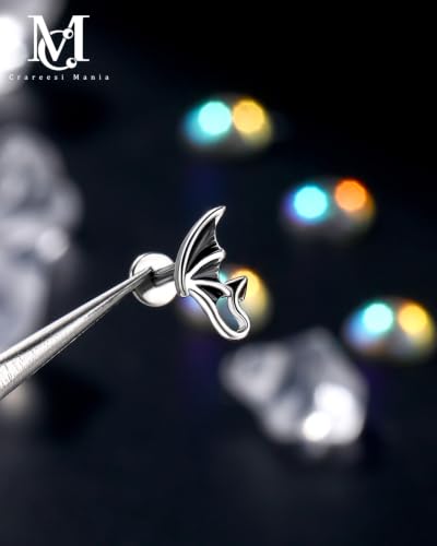 CM Crareesi Mania Helix Stud Earrings 16G Burn Silver Bat Helix Piercing Jewelry 316L Stainless Steel Cartilage Studs Flat Back Earrings Gothic Labret Lip Rings
