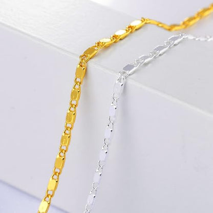 Gold Silver Necklace Chain With Adjustable Lobster Clasp, Diamond Cut Geometric Gold Beads Stationed on Dainty 2mm Cable Box Chain, 16 Inches Rolo Oval Figaro Link Singapore Chain. - color: Gold02