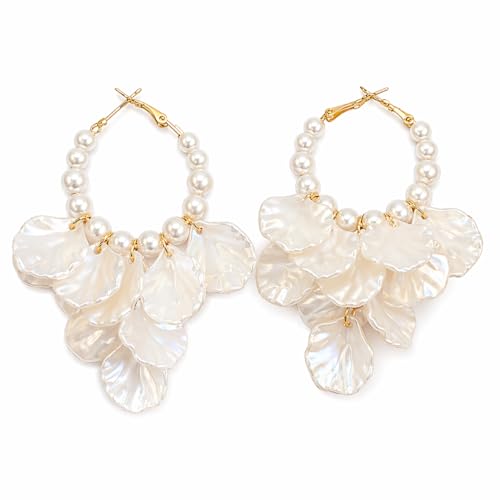 Pearl Hoop Dangle Earrings for Women, White Petal Statement Earrings, Floral Drop Earrings, Lightweight Elegant Wedding Vacation Party Jewelry - color: A0028-Petal Pearl Earrings