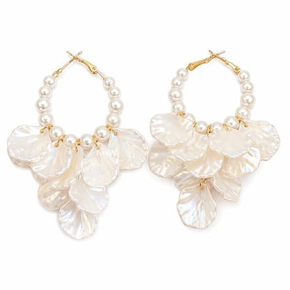 Pearl Hoop Dangle Earrings for Women, White Petal Statement Earrings, Floral Drop Earrings, Lightweight Elegant Wedding Vacation Party Jewelry - color: A0028-Petal Pearl Earrings