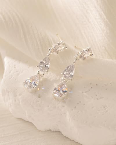 Dangle Earrings for Women - 14K Gold/White Gold/Rose Gold Plated Butterfly Heart Star Hoop Chain Long Tassel Cubic Zirconia CZ Dangle Earrings - color: silver teardrop