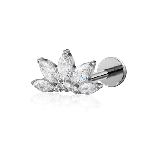 FINE4U 1PC ASTM F136 Titanium 16G Flatback Stud for Tragus, Helix, Conch 6mm 8mm - Screw on Cartilage Earring Piercing Jewelry - color: Flower CZ - Tit