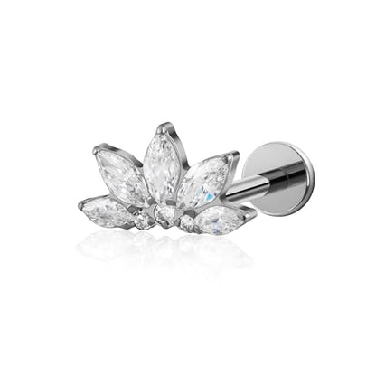 FINE4U 1PC ASTM F136 Titanium 16G Flatback Stud for Tragus, Helix, Conch 6mm 8mm - Screw on Cartilage Earring Piercing Jewelry - color: Flower CZ - Tit