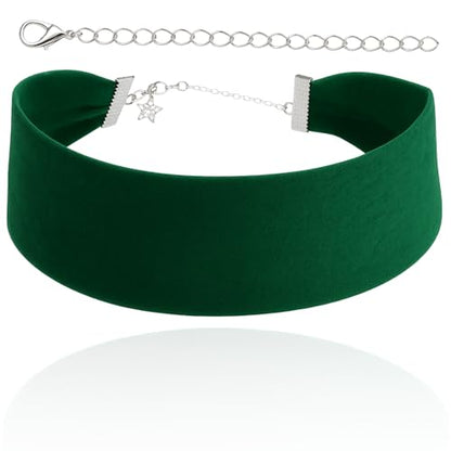 Velvet Choker for Women, Wide 1.5" 90s Ribbon Adjustable 12–18" with Stainless Steel Clasp, Soft Skin-Friendly Velvet — Black - color: Green
