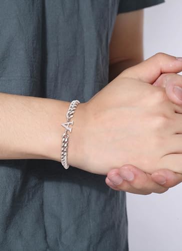 Initial Bracelet Matching Couple Bracelets Silver Letter A-Z Stainless Steel Cuban Link Chain Mens Bracelets Christmas Birthday Gifts for Men Women Him Teens Best Friends Husband Dad Son - color: L
