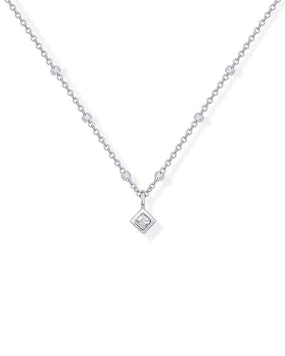 PAVOI 14K Gold Plated Dainty Bezel Set Solitaire Pendant Necklace for Women | Beaded Chain Necklace, Statement Necklace with Round, Princess, Marquise Cubic Zirconia Pendant - color: White Gold, style: Princess