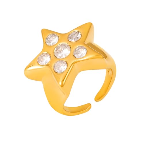 Y2K Rhinestone Large Star Open Band Statement Ring Punk Aesthetic for Women Men Stainless Steel Chunky Pentagram Gothic Grunge Stackable Finger Knuckle Rings Comfort Fit Fashion Jewelry Size 7 - color: Gold