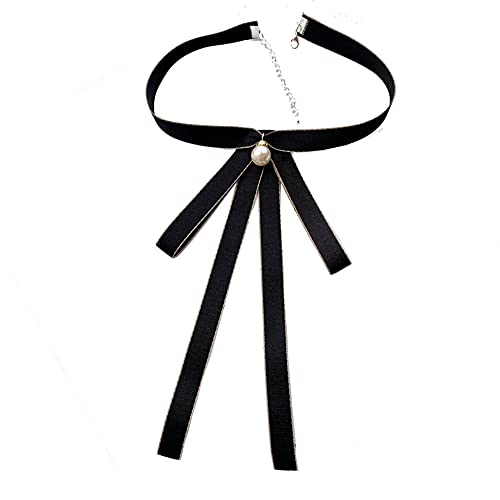 Fashion Ribbon Bow Tie Brooch Pins for Women Girls Crystal Pearl Uniform Pre-Tied Bowknot Corsage Party Ceremony Accessories - color: 104-black