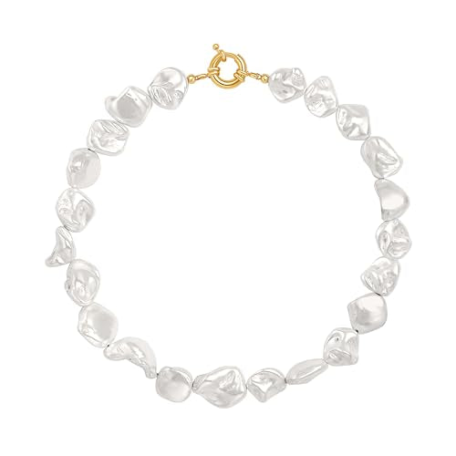 Aobei Pearl Gemstone Beaded Choker Necklace for Women Boho Turquoise/Cultured Freshwater Pearls/Garnet/Amazonite Jewelry - color: R White Shell Pearl