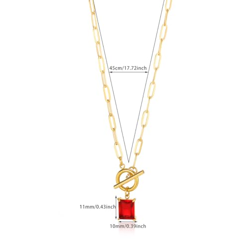 Diamond Necklaces for Women Natural Stone Paperclip Toggle Necklace 14K Gold Plated Emerald Birthstone Necklace for Women Paper Clip Chain Blue Green Cubic Zirconia Pendant Birthday Gifts for Women Mother Jewelry - color: 07. July(Ruby)