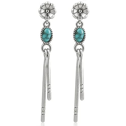 1 Pair Silver Tone Simulated Turquoise Dangle Earrings for Women,Boho Style Long Earrings,Womens Western Earrings,Tassel Drop Earrings,Vintage FlowerEarrings,Western Jewelry