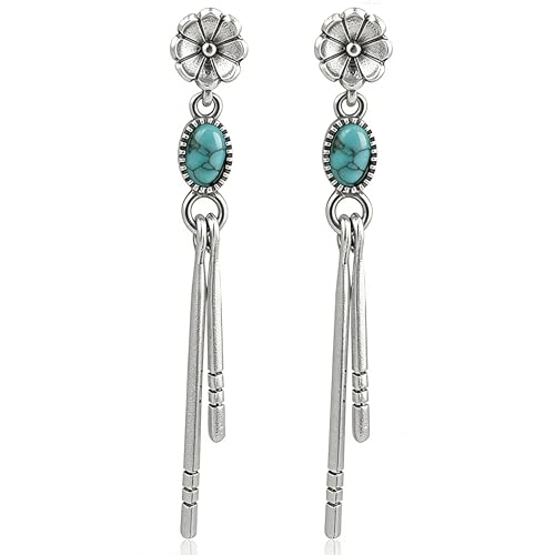 1 Pair Silver Tone Simulated Turquoise Dangle Earrings for Women,Boho Style Long Earrings,Womens Western Earrings,Tassel Drop Earrings,Vintage FlowerEarrings,Western Jewelry