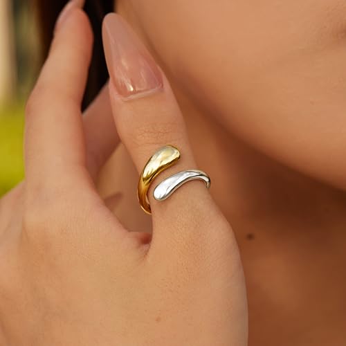Non Tarnish Gold Chunky Rings for Women, 14K Gold Plated Statement Dome Rings Stacking Silver, Adjustable Mens Eternity Wedding Band Mixed Metal Jewelry Size 3-13 - color: Silver & Gold, size: 11, style: Open Twist Band