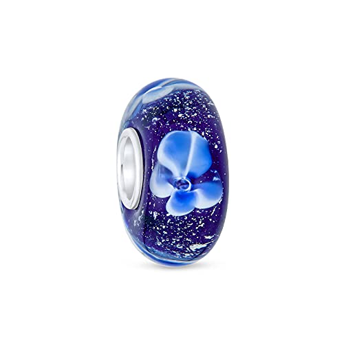 Bling Jewelry .925 Sterling Silver Murano Glass Floral Blue Green Pink Red Black White Flower Spacer Charm Bead For Women Teen for Bracelet - color: Navy