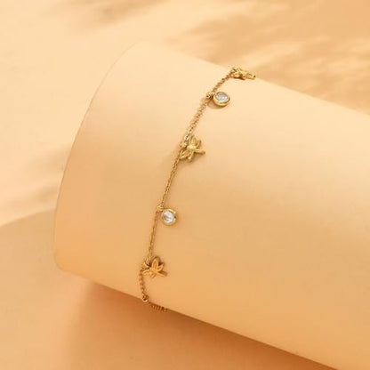 18K Gold Plated Waterproof Summer Beach Ankle Bracelets for Women | Starfish Sea Shell Pearls CZ Diamond Dangle Anklets - style: Dragonfly CZ Drop-Gold