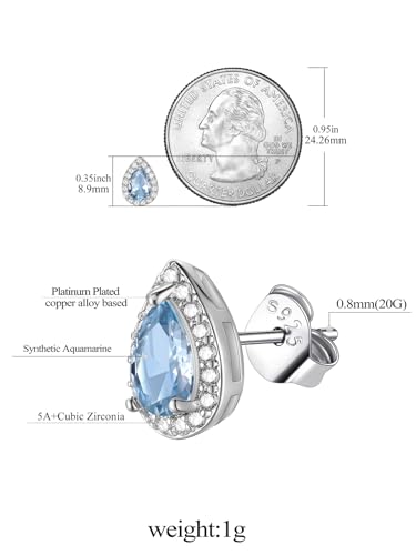 FindChic Birthstone Earrings for Women, Round/Heart/Square/Teardrop Earrings with 925 Sterling Silver Posts & Push Backs, Hypoallergenic Studs with Cubic Zirconia, 12 Months Jewelry with Gift Box - style: 03. March-Aquamarine (Teardrop)