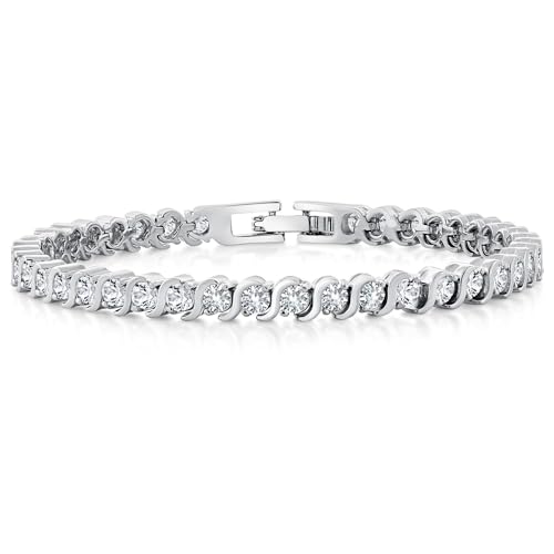 Gem Stone King 3MM Simulated Blue Sapphire and Sparkling White Cubic Zirconia Tennis Bracelet for Women | 14K Gold Plated | 4.50 Cttw | Size 7 Inch | Choice of Color - color: White