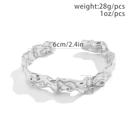 GIGB PBDK Chunky Cuff Bracelets for Women 14K Gold Minimalistic Hammered Cuff Bangle 12MM Wide Adjustable Textured Open Bangle Trendy Punk Jewelry Presents - color: Silver