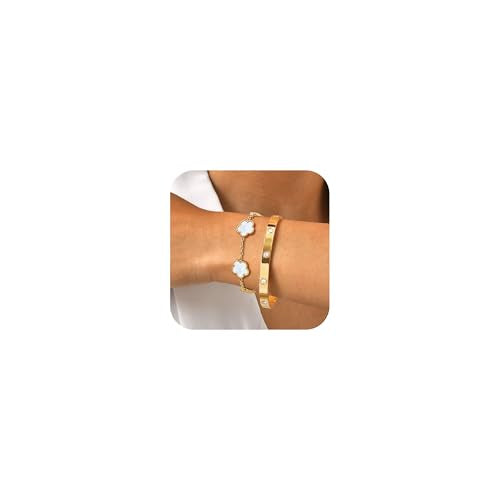 MPRAINBOW Womens Stackable Gold Bracelets Jewelry, 18K Gold Plated Floral Bangles Non Tarnish, Gold Cubic Zirconia Chain Set Trendy Gift,Christmas Valentines Birthday Gifts for Girlfriend - color: White, size: 7.5"