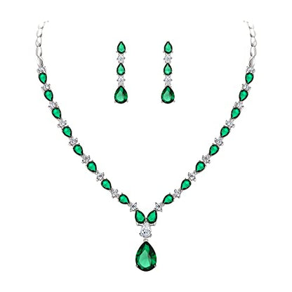 EVER FAITH Pear Shaped Cubic Zirconia Bridal Wedding Jewelry Set for Women | Gorgeous Water Drop Bride Necklace Dangle Earrings, for Bride Bridesmaid - color: Green