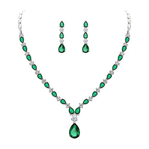 EVER FAITH Pear Shaped Cubic Zirconia Bridal Wedding Jewelry Set for Women | Gorgeous Water Drop Bride Necklace Dangle Earrings, for Bride Bridesmaid - color: Green