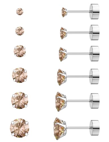 6 Pairs Hypoallergenic Cubic Zirconia Earrings Surgical Steel Flat Back Studs for Cartilage, Screw Back Fashion Jewelry - color: A-008-Champagne Color