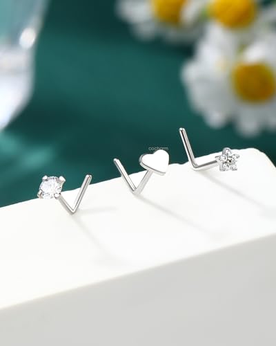3PCS Titanium Flower Nose Rings Studs 20G, 6.5mm L-Shaped Nose Piercing Jewelry Set - Hypoallergenic Surgical Steel Heart L Bend Nostril Stud for Women Men - color: 3PCS-Silver
