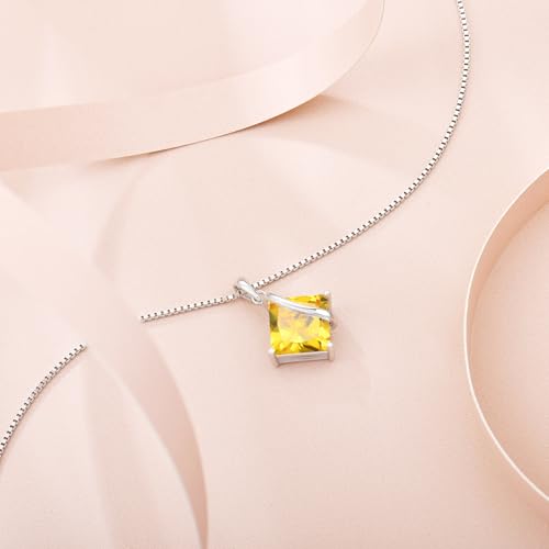 Square Princess Cut Necklace 925 Sterling Silver Solitaire Pendant Necklace Birthstone Jewelry Gifts for Women - color: 11 November - Citrine