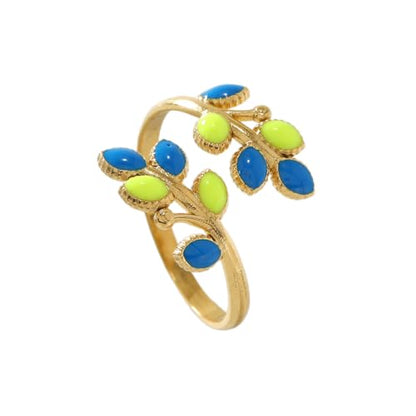 18K Gold Plated Floral Leaf Ring for Women Promise Engagement Open Ring Adjustable Wrap Colorful Jewelry Gift - color: Blue