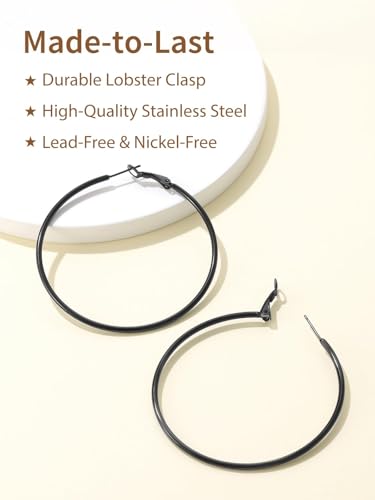 FindChic Thin Hoop Earrings for Women,Silver/Black/Gold Plated 20-100mm - color: Black, size: 60mm