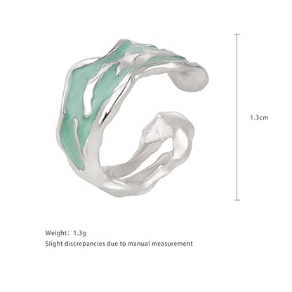 925 Sterling Silver Ear Cuffs Hypoallergenic Molten Texture Green Enamel Non Pierced Clip On Cartilage Wrap Adjustable Minimalist Statement Jewelry for Women