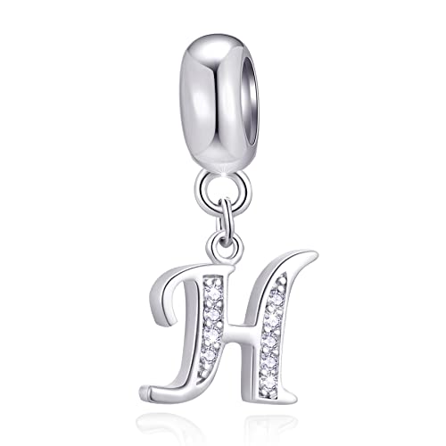 26 Letter Pendant Charms, Polished 925 Sterling Silver Complete Initial A-Z Dangling CZ Stone Alphabet Beads, fits European Bracelet Necklace, Gift for Mother/Father/Daughter/Son/Sister/Aunt - color: Letter H CZ Pendant Charm