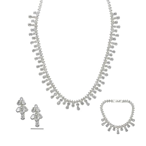 Bride Jewelry Set Silver Crystal Wedding Necklace Earrings Bracelet Set - Bridal Rhinestone Brass Pendant Accessories for Women and Bridesmaids - style: Jewelry Set 10