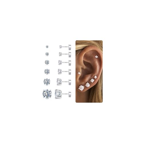 6 Pairs Hypoallergenic Flat Back Earrings for Women Girls,Stud Earring Set | Cartilage Earrings for Sensitive Ears,Cubic Zirconia Ball Pearl Earring,Screw Back Helix Conch Piercing Sets,Jewelry Gifts - color: CZ-Sliver-Plated