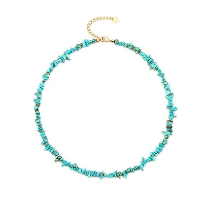 PEARLADA Turquoise Beaded Choker Necklace Chakra Stone Necklace Adjustable - color: Turquoise Chips