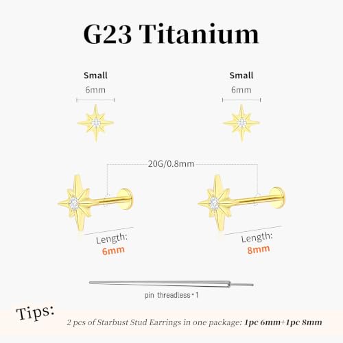 Flat Back Stud Cartilage Earrings Tragus Helix Piercing Jewelry Titanium | Conch Nose Piercing,Small Tiny Studs for Women,Threadless/Internally Threaded,Surgical Steel,Hypoallergenic,16G/18G/20G - color: Gold02-Starburst (6mm*1+8mm*1), size: Threadless-20