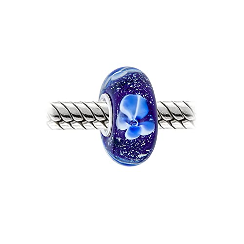 Bling Jewelry .925 Sterling Silver Murano Glass Floral Blue Green Pink Red Black White Flower Spacer Charm Bead For Women Teen for Bracelet - color: Navy