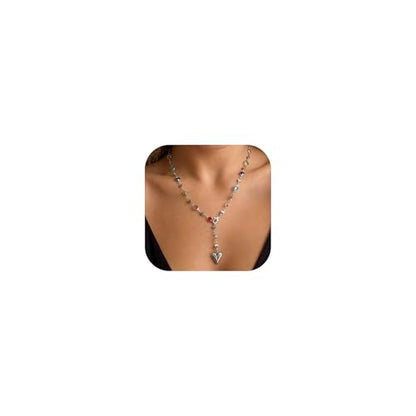 Long Heart Pendant Necklace Colorful Rhinestone Y Necklace Heart Lariat Jewelry Multicolor Party Outfit Accessory - color: A2:lariat necklace