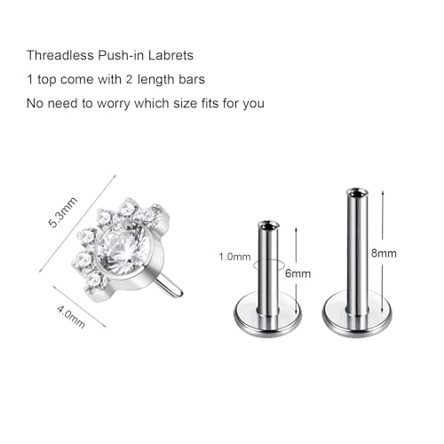 G23 Titanium Flat Back Earrings Studs 20g 18g 16g F136 Titanium Labrets Press Fit Threadless Push In Dainty Cartilage Helix Conch Lobe Lip Tragus Piercing Jewelry Push Back - style: 18g-H-Clear