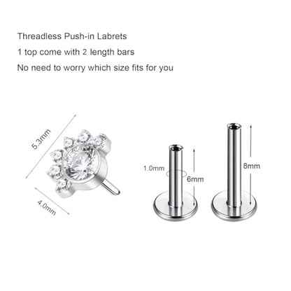 G23 Titanium Flat Back Earrings Studs 20g 18g 16g F136 Titanium Labrets Press Fit Threadless Push In Dainty Cartilage Helix Conch Lobe Lip Tragus Piercing Jewelry Push Back - style: 18g-H-Clear
