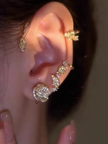 2PCS Flower Tassel Zircon Earrings Ear Cuffs No Piercing Flower Climber Wrap Around Earrings Pearl Drop Earrings for Women Fairy Ear Clip Dainty Wedding Earrings for Brides - color: Style 1 - Gold