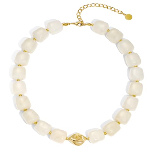 Chunky Beaded Necklace for Women,Square Resin beads boho Choker Necklace with gold-tone spacers,Fashion Trendy Summer Beach Party Necklaces Handmade Surfer Beach Necklaces Jewelry Gifts - color: Milky White
