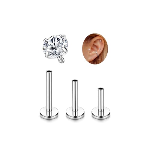 LOLIAS 16G G23 Titanium Tragus Conch Helix Piercing Jewelry 6mm 8mm 10mm - Internally Threaded Flat Back Stud Cartilage Earrings Hypoallergenic Forward Earlobe Labret Tragus Piercing Jewelry - color: Clear CZ-Titanium