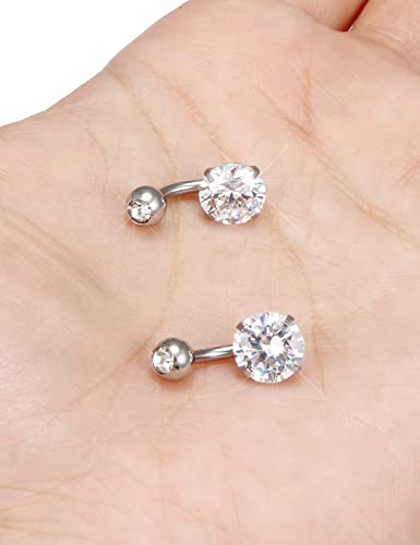 Long Belly Button Ring 6mm 8mm 10mm 12mm 14mm Surgical Stainless Steel Round Cubic Zirconia Navel Barbell Long Bar Belly Button Piercing Jewelry Silver, black, rose gold belly ring - color: 2pcs-6mm-Silver navel ring