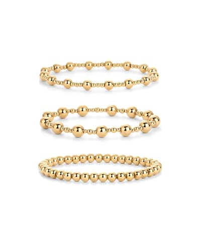 PAVOI 14K Gold Plated Beaded Bracelet Pack for Women | Stainless Steel 3-Piece Stretchy Bracelet Set | Waterproof Ball Trio - color: Yellow Gold, size: 7, style: Irregular