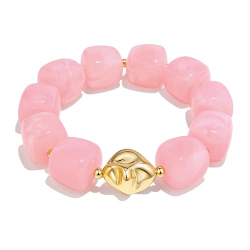 Chunky Beaded Bracelet for Women-Boho Bold Acrylic Resin Stretch Bracelets Trendy Summer Beach Elastic Bangle Vacation Jewelry Accessories - color: Style 2-Pink