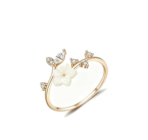 Adjustable Open Ring for Women, Nature-Inspired Floral Crystal Design with Marquise Cut Created Zircon, Gold - color: gold