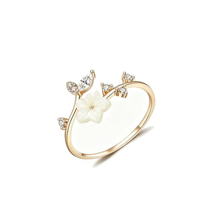 Adjustable Open Ring for Women, Nature-Inspired Floral Crystal Design with Marquise Cut Created Zircon, Gold - color: gold